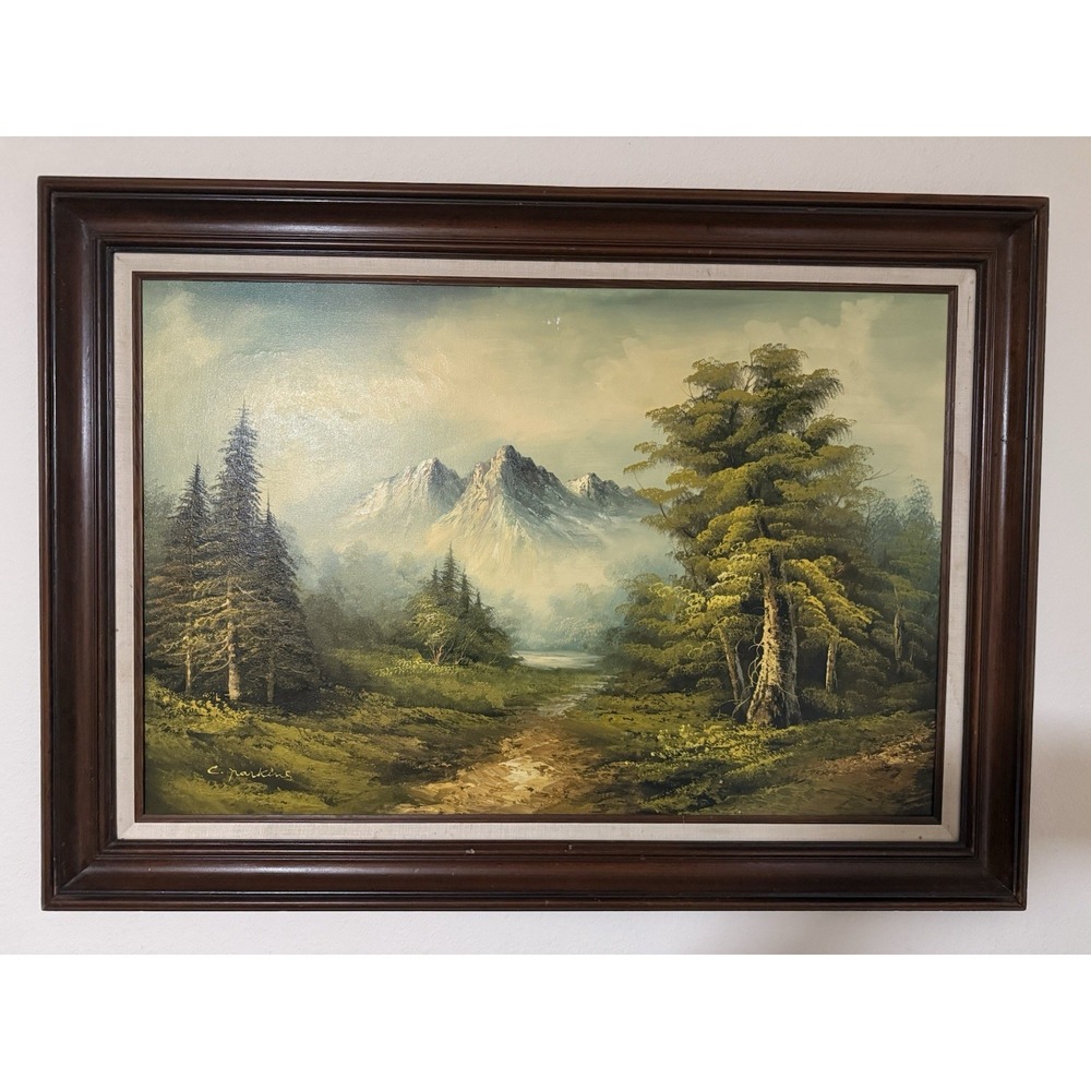 Vintage Original C. Parkins Signed Oil Painting Framed Mountain Landscape Large